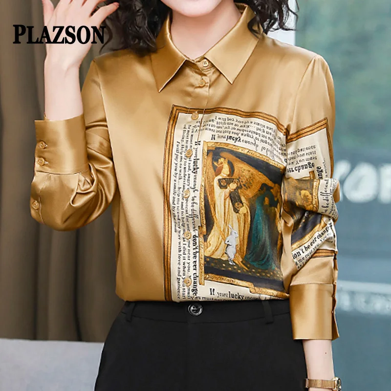 

Роскошная винтажная женская рубашка PLAZSON с принтом, коричневые блузки с длинным рукавом и лацканами, весенний атласный кардиган, топы, женские блузы