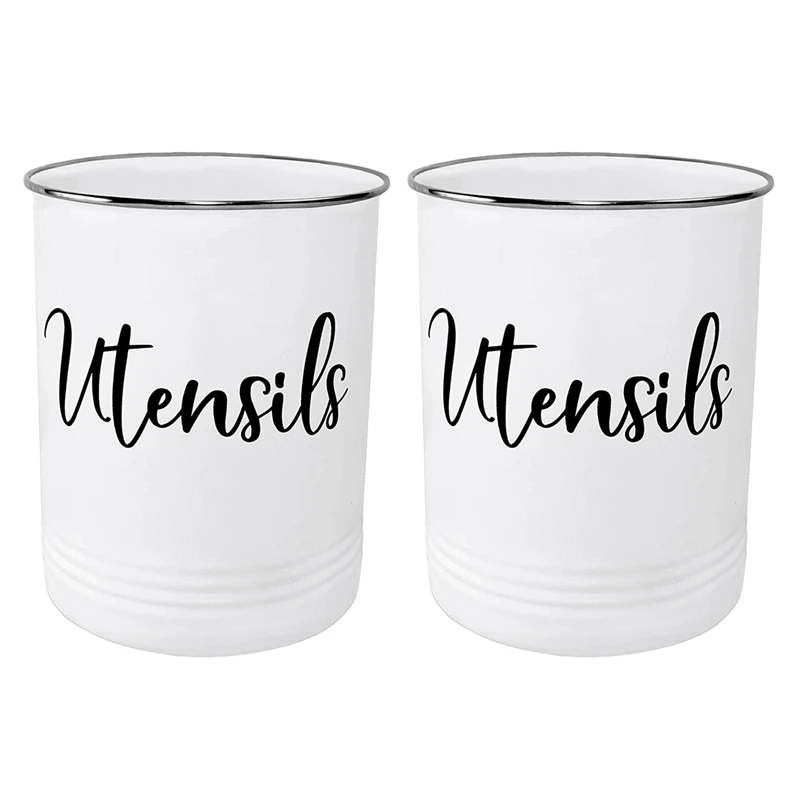

New-2X Kitchen Utensil Holder-Modern Farmhouse Kitchen Decor-White And Black Utensil Crock-Vintage Organizer