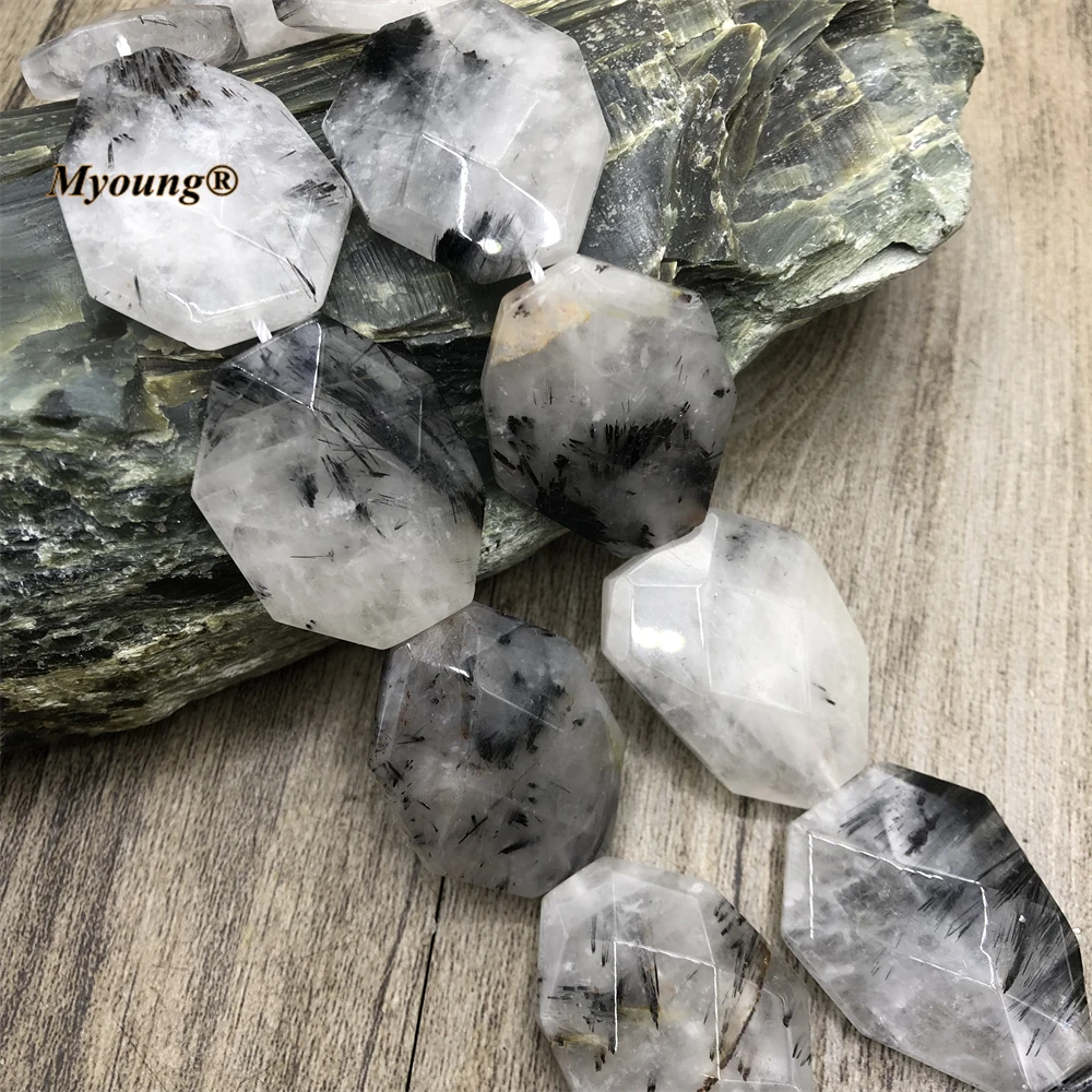 

25X30MM 13PCS Large Faceted Natural Stone Black Rutilated Quartz Slice Pendant Beads For DIY Jewelry Making MY220722