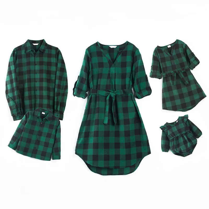 

Whole Family Green Black Color Plaid Matching Dress Mother Daughter Clothing Fashion Parent Child Shirt Baby Romper With Sleeve