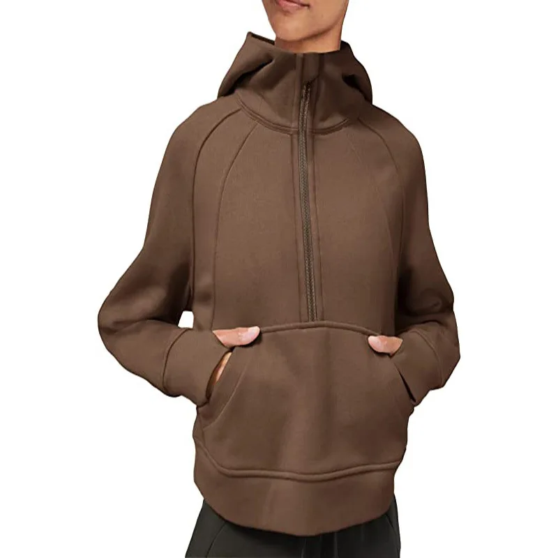 New Hooded Pullover Sweatshirt  Hoodies Women Solid Color Pocket Casual Long Sleeve Zipper High Round Sweatshirt Women