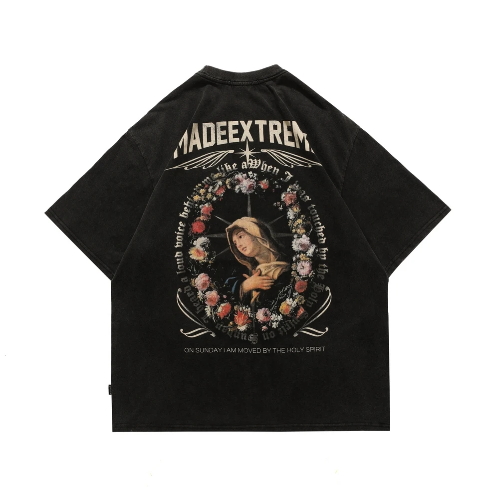

Virgin Mary Graphic Hip Hop Streetwear Washed T-Shirt Men T Shirt Cotton Loose Tshirt 2022 Summer Short Sleeve Tops Tees Black