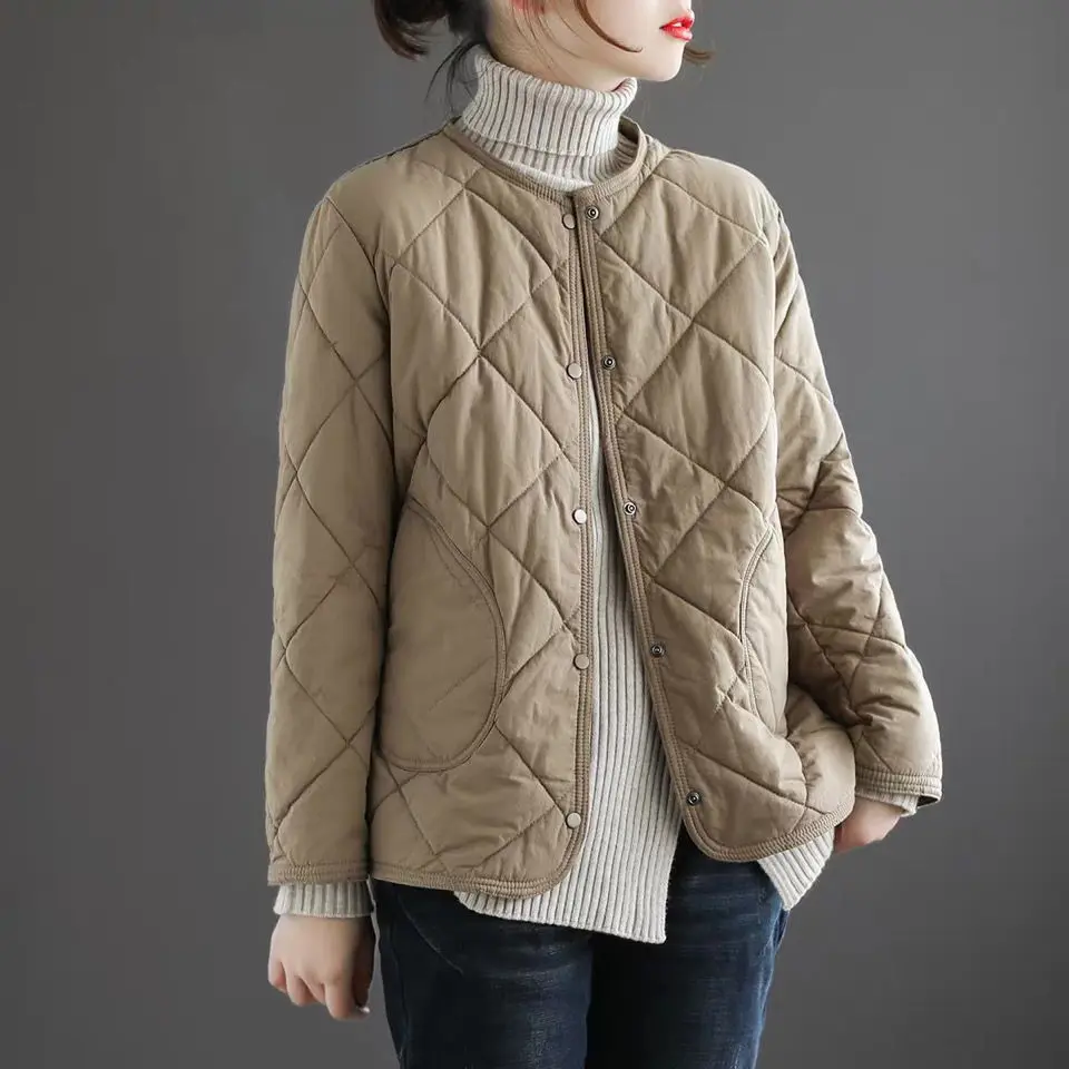 short rhombus light padded jacket ladies 2021 winter new retro loose solid color padded jacket  Regular  Cotton  Winter