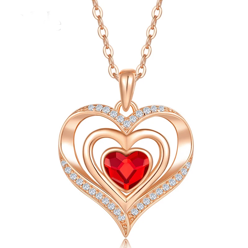 

2022 New Arrival 925 Sterling Silver Love Heart Red Crystal Pendant Necklace Rose Gold Plated Luxury Fine Jewelry for Women