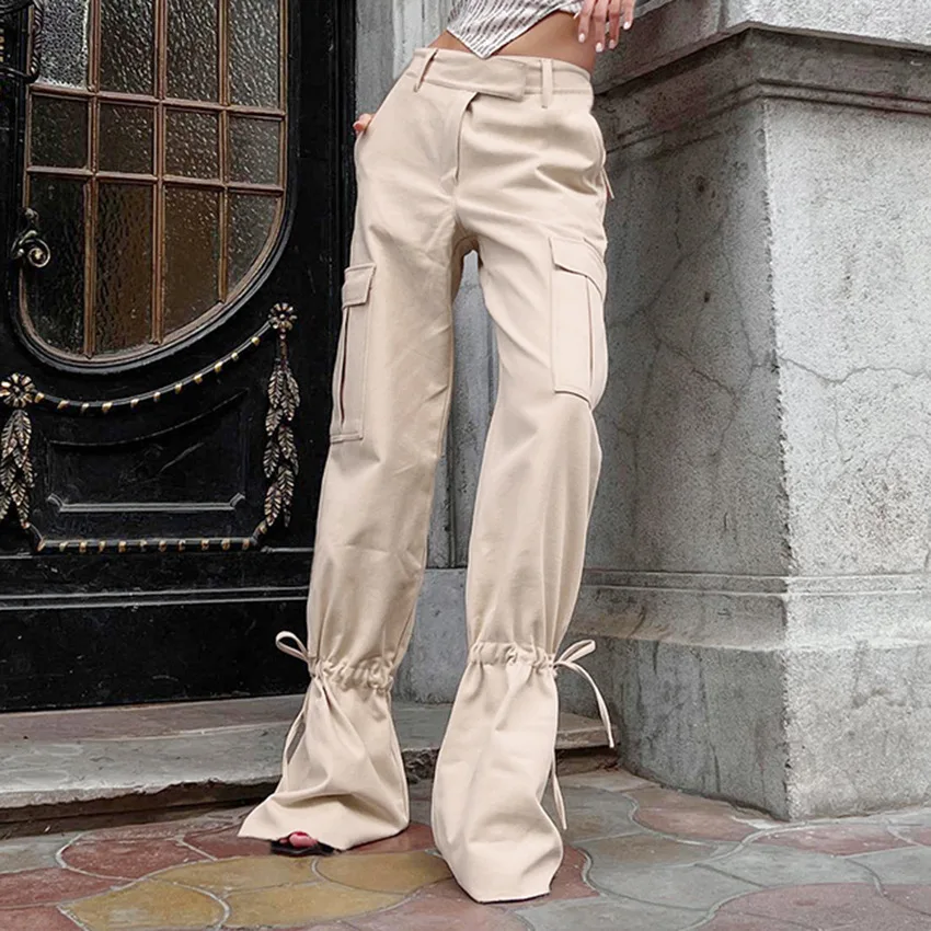 

Женские Брюки-Капри, Новинка осени 2022, уличные бежевые брюки с высокой талией, свободные крутые повседневные Комбинезоны с карманами и широ...