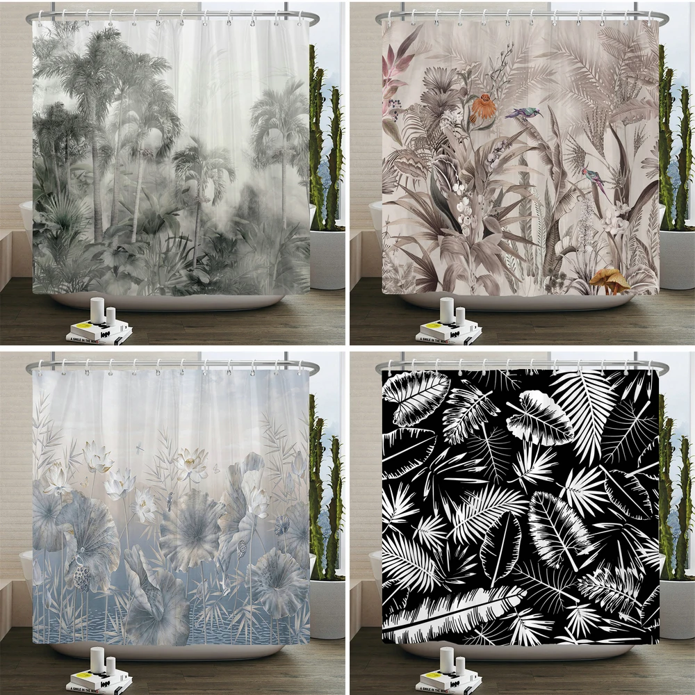 

Nordic style Tropical Palm Tree Shower Curtain Green Leaves Plant Fabric Bathroom Curtain Botanical Jungle Bath Curtain Set