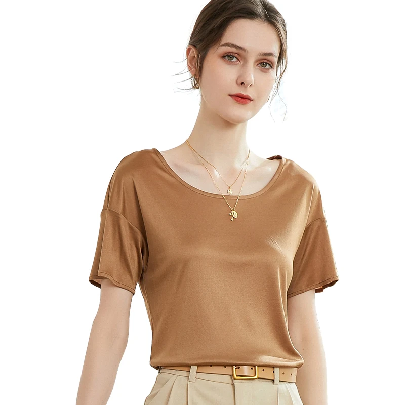 

Summer New High Quality Women's T-shirts Mulberry Silk Knitted T Shirt Short Sleeve Tops Solid Round Neck Cashmere Pullover Tees