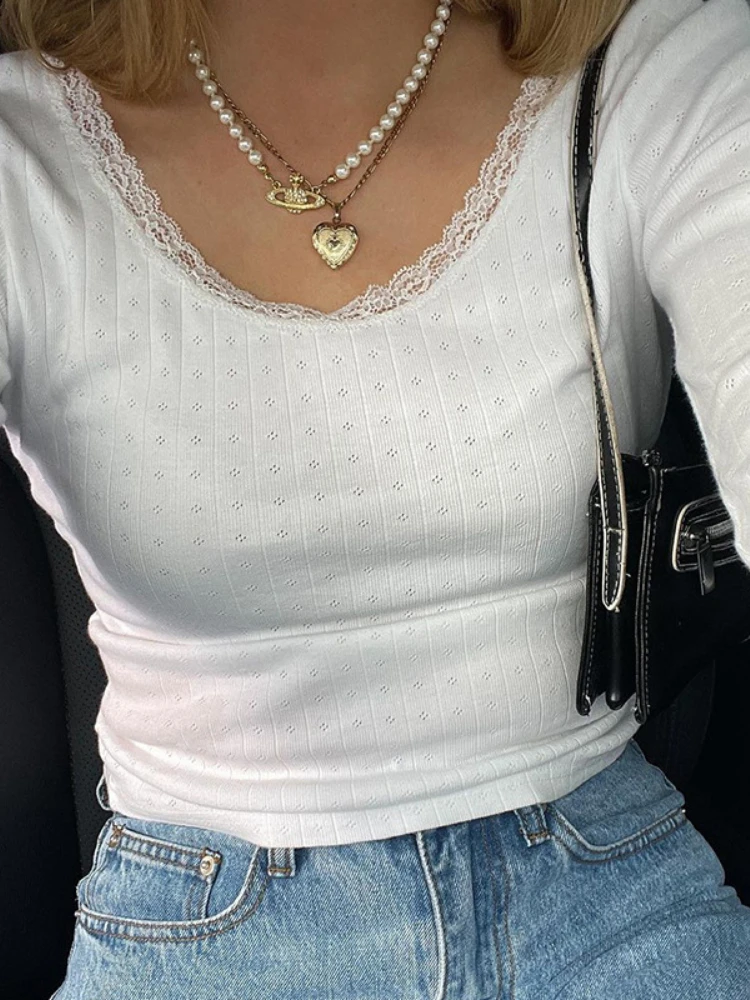 

Sweet Solid Lace Trim Shirts Long Sleeves Cute Crewneck Y2K Slim Tops Aesthetic Basic Casual New Women Pullovers