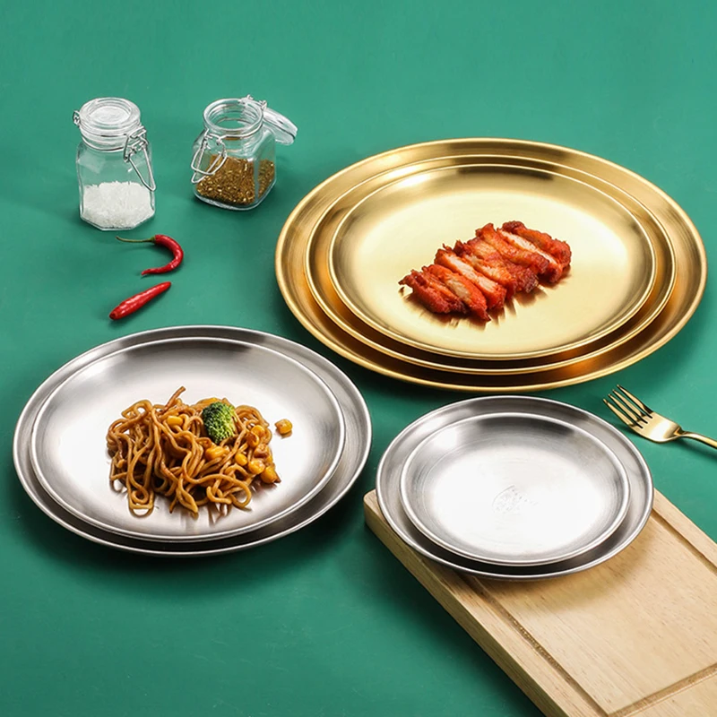 Поднос для еды из нержавеющей стали золотистая Серебристая круглая обеденная