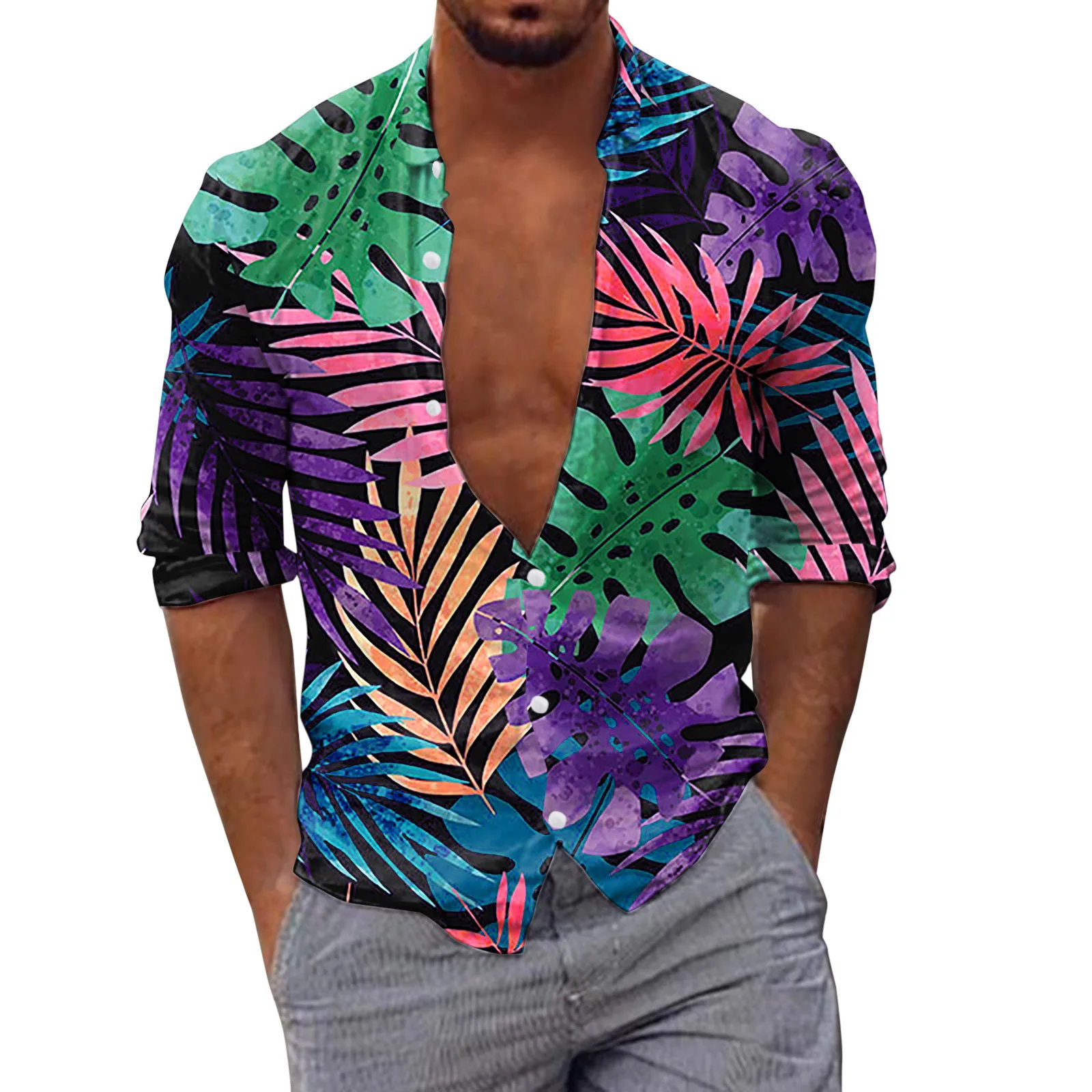 

Men Shirts Long Sleeve Autumn Winter Casual Loose Hawaiian Shirts For Men Floral Print Button Vintage Fashion Beach Top Camisa 4