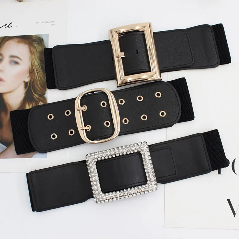 

Fashion Elastic Wide Belt For Women Black Luxury Brand Gold Buckle Waist Seal Dress Coat Decorative Waistbands For Evening party
