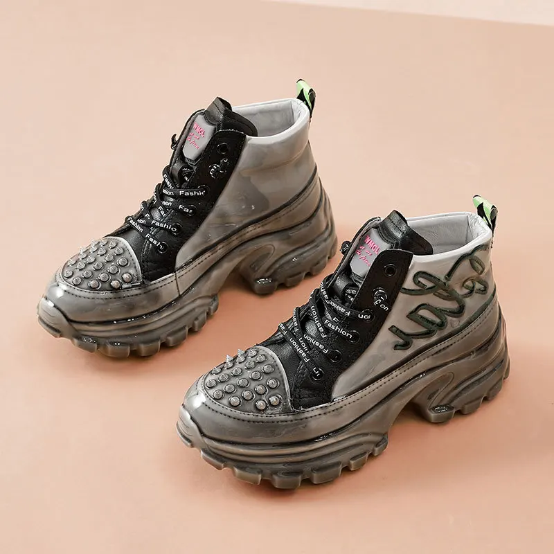 

Женские кроссовки с высоким верхом, повседневная обувь на платформе, с заклепками, массивные, для улицы, спорта, бега, Осень-зима
