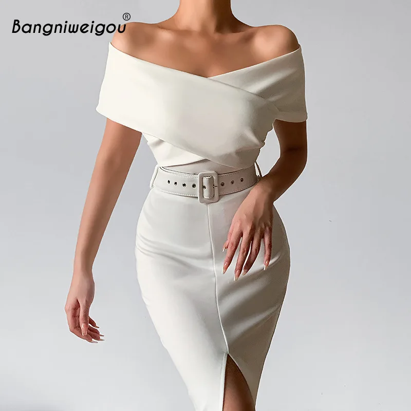 

Bangniweigou Off Shoulder Belt Slit Maxi Dress Women Elegant Night Out Prom Evening Strapless High Waist Black White Long Dress