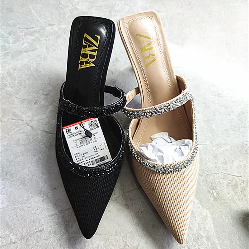 

Summer Pointed Rhinestone High-heeled Sandals Women's New All-match Baotou Word with Female Stiletto Shoes Chaussure Femme