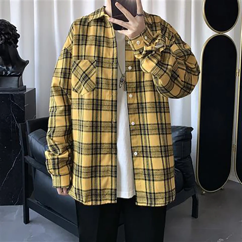 Осенняя винтажная мужская блузка с длинным рукавом в клетку принтом корейская