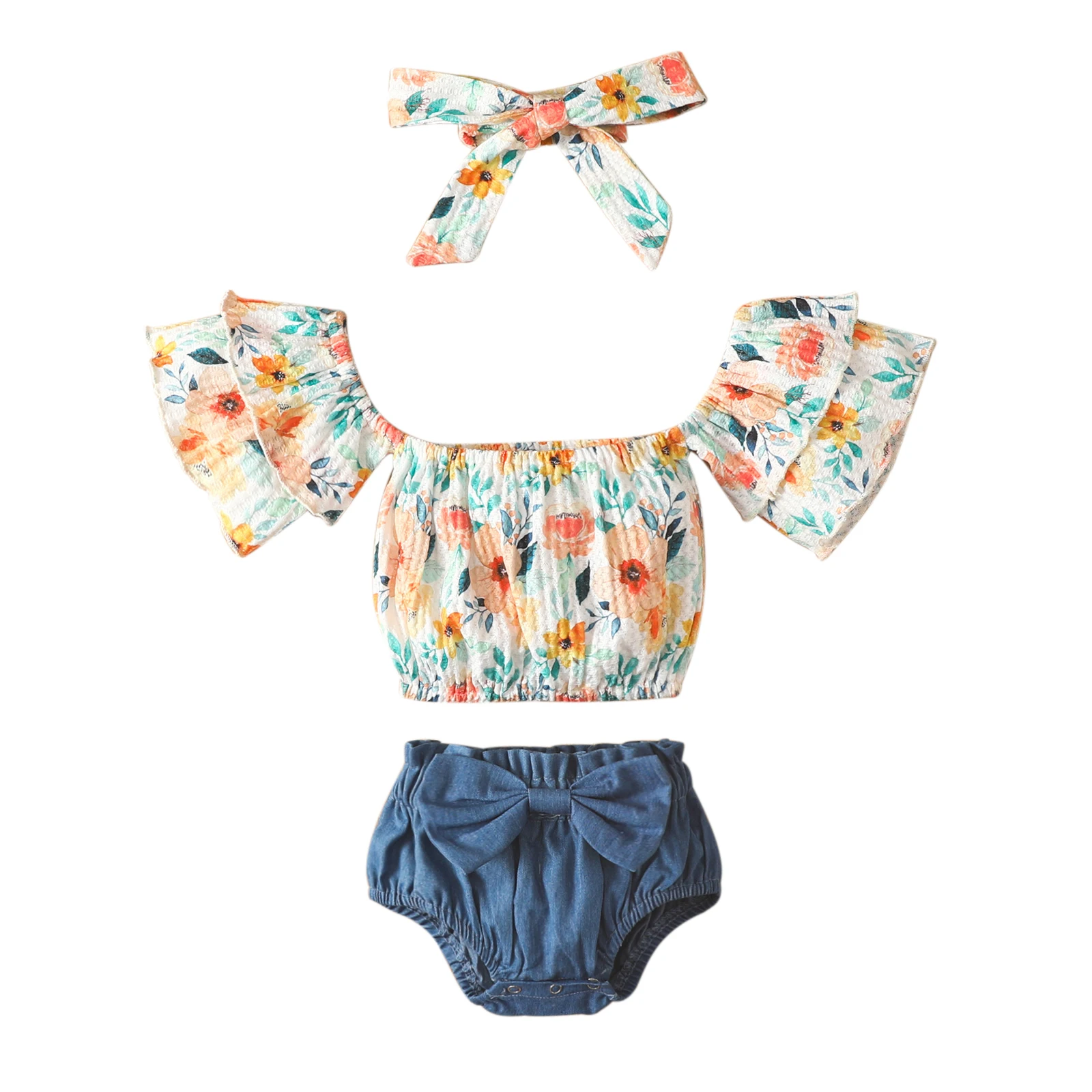 

Pudcoco Newborn Girls Off Shoulder Short Sleeve Floral Printed Tops + Elastic Solid Color Shorts + Cute Headband Set