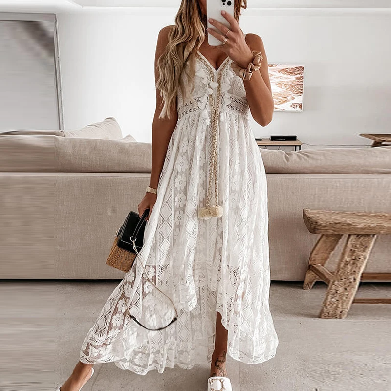 

2022 Summer Women Dress Beach Style Elegant White Lace Spaghetti Srap Sundress Female Fashion Hollow Out Boho Long Maxi Dresses