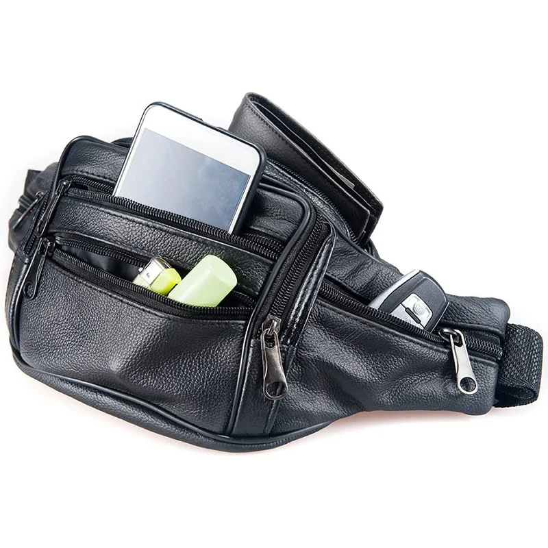 Genuine Leather Fanny Pack for Men Outdoor Travel Waist Bag Cowhide Large Size 7 Pockets Chest Bags Phone Pouch Running Camping