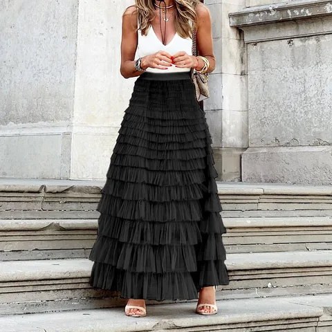 Women Fashion Ruffles Mesh Cake Skirts Spring Elastic Waist Lace Party Boho Skirts Summer Solid Office Lady Short Dress Harajuku