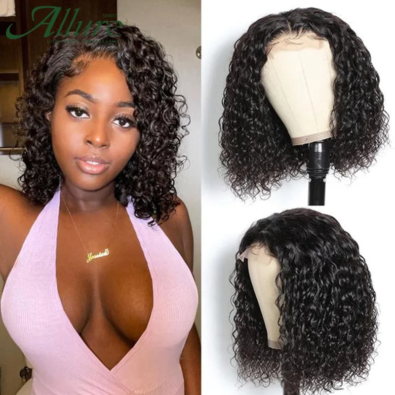 Natural Black Curly Lace Front Human Hair Wigs Women Side Part Short Afro Kinky Curly Bob Brazilian Human Hair Lace Wigs Allure