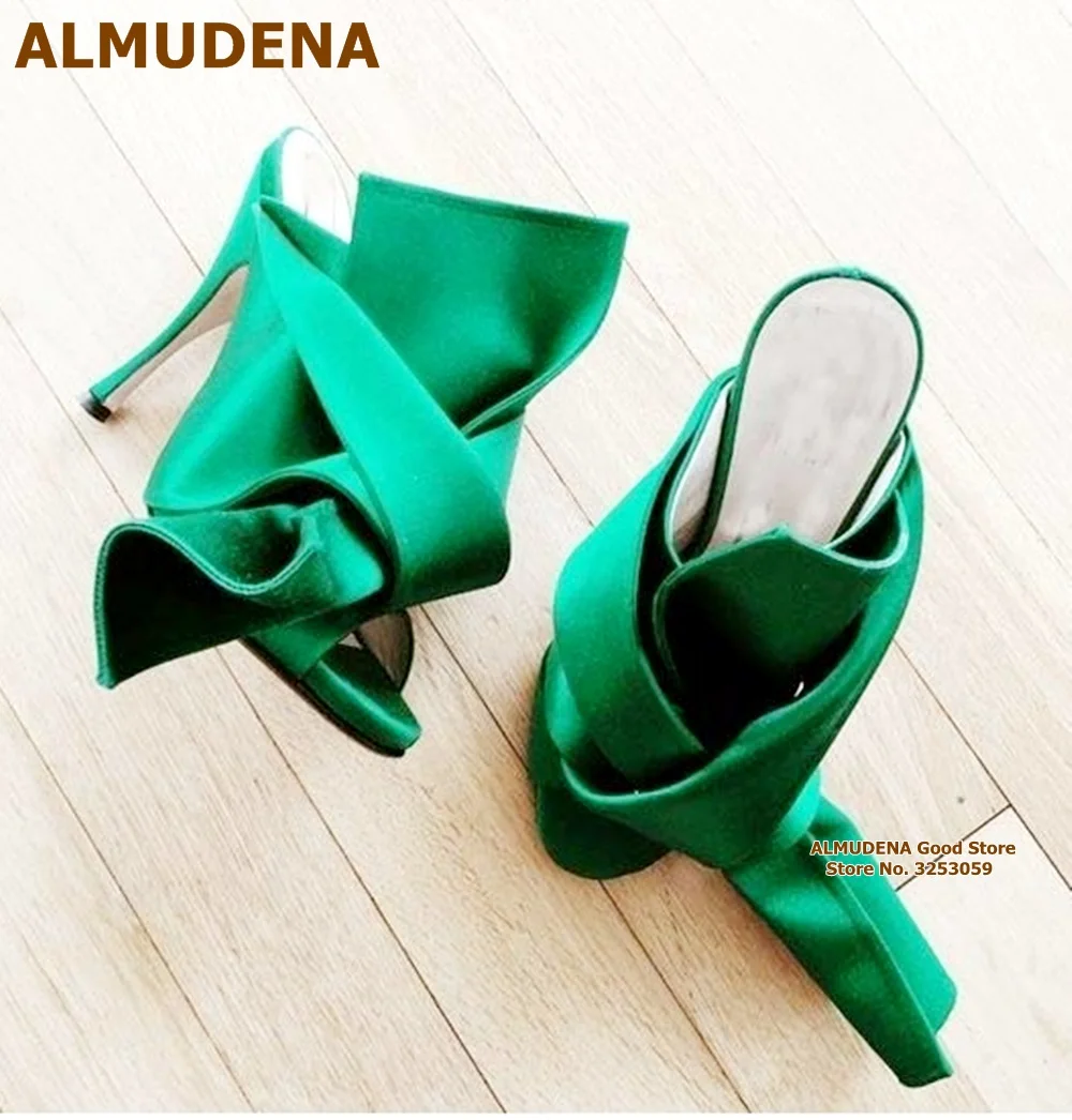 

ALMUDENA Big Bowtie Sandals Silk Satin Fabric Butterfly-Knot Dress Shoes Stiletto Heel Slip-on Slippers Wedding Shoes Size46