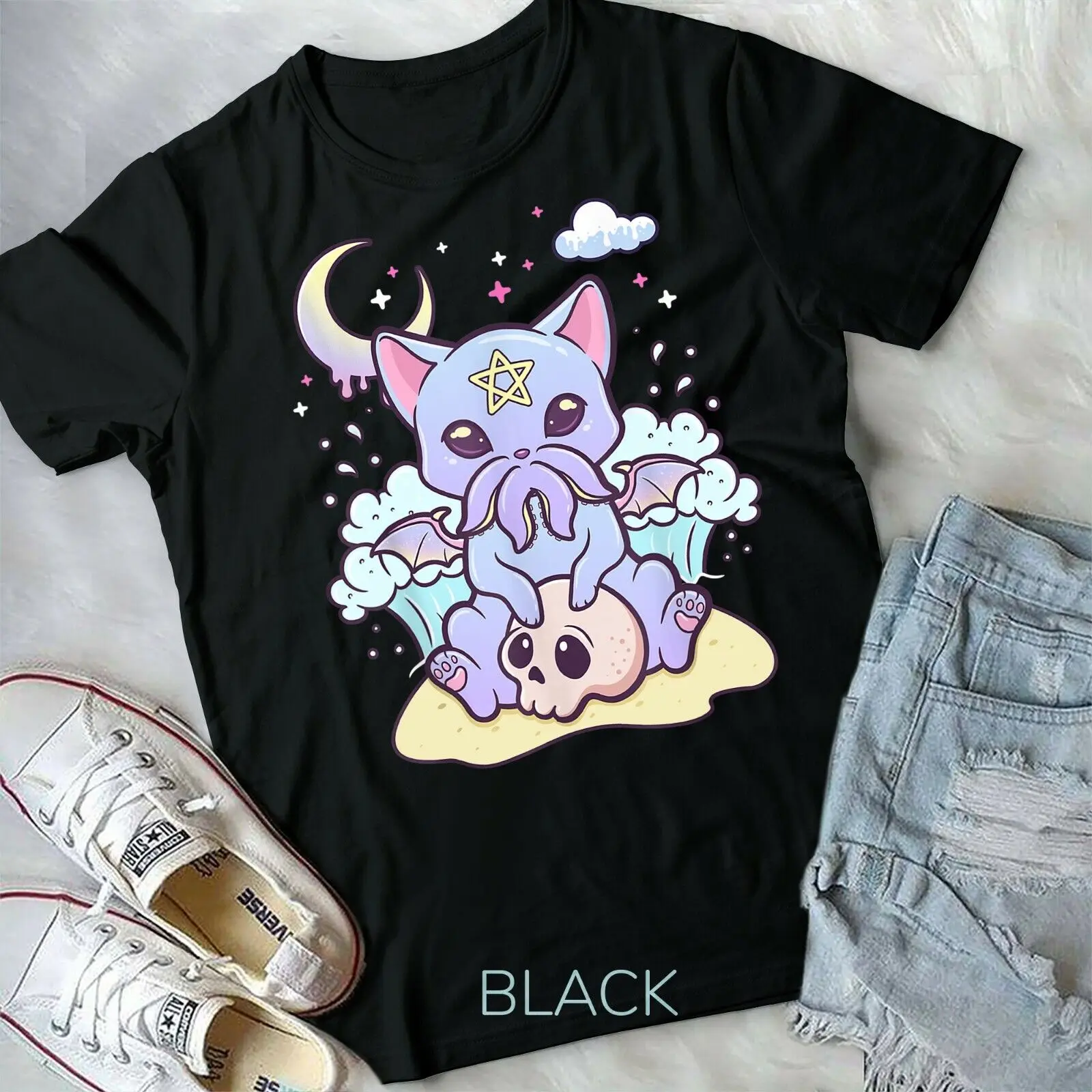 

Kawaii Pastel Goth Cute жуткое существо череп аниме o-образный вырез хлопковая Футболка мужская повседневная футболка с коротким рукавом Топы Harajuku ул...