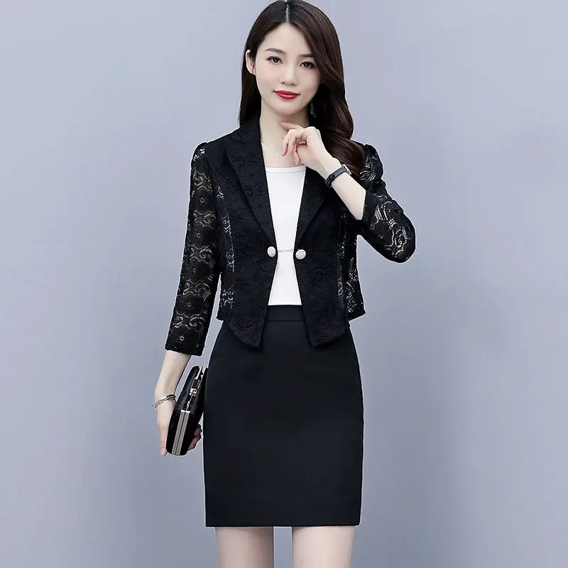 

Jacket Women 2022 Spring Summer Long Sleeve Notched Collar Office Jackets Female Black White Hollow Lace Blazers Coat E145