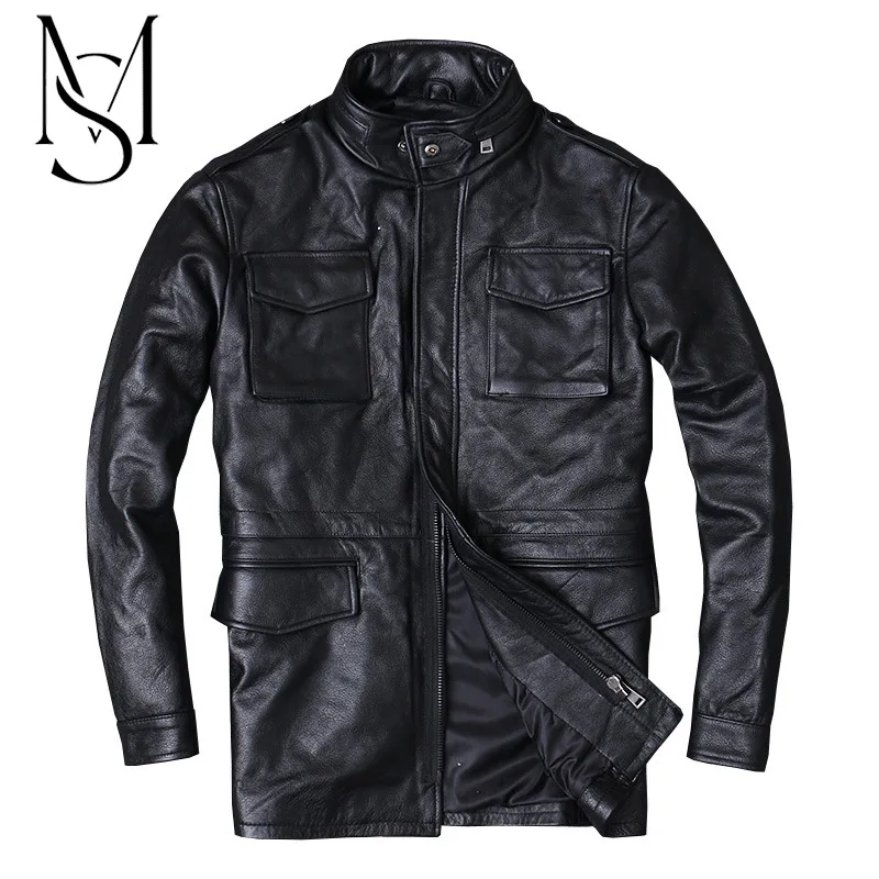 

Охотничья кожаная куртка M65, мужская верхняя куртка из воловьей кожи, кожаная ветровка, мотоциклетное кожаное пальто средней длины