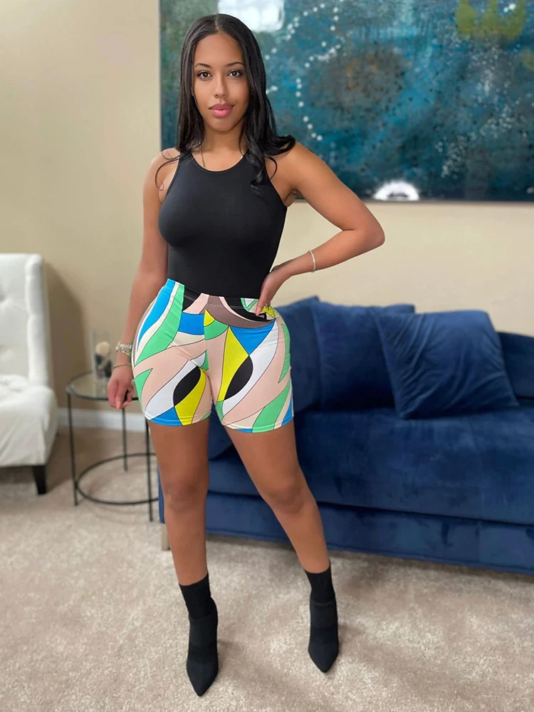 

Summer Beach Color Block Print Shorts for Young Girls Elastic High Waist Hot Bathing Underwear Tight-fitting Hip Femme Bottoms