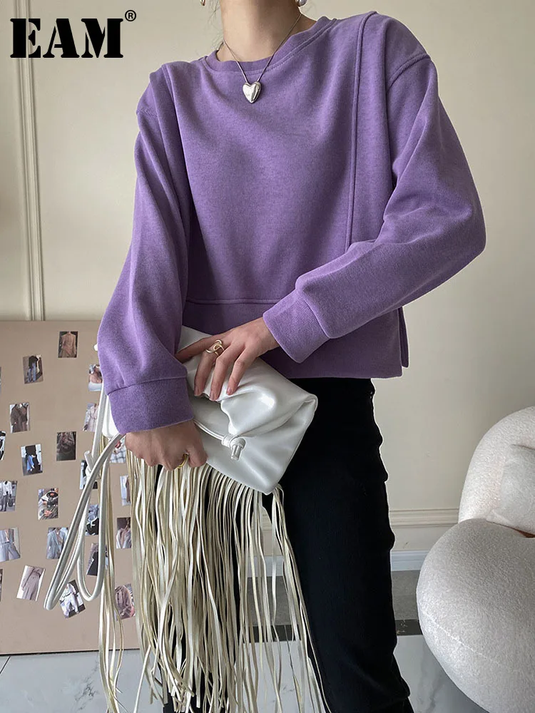

[EAM] вязаный свитер, фиолетовый, тонкий, свободный, круглый вырез, длинный рукав, женские пуловеры, новая мода, Осень-зима 2022 1DF3413