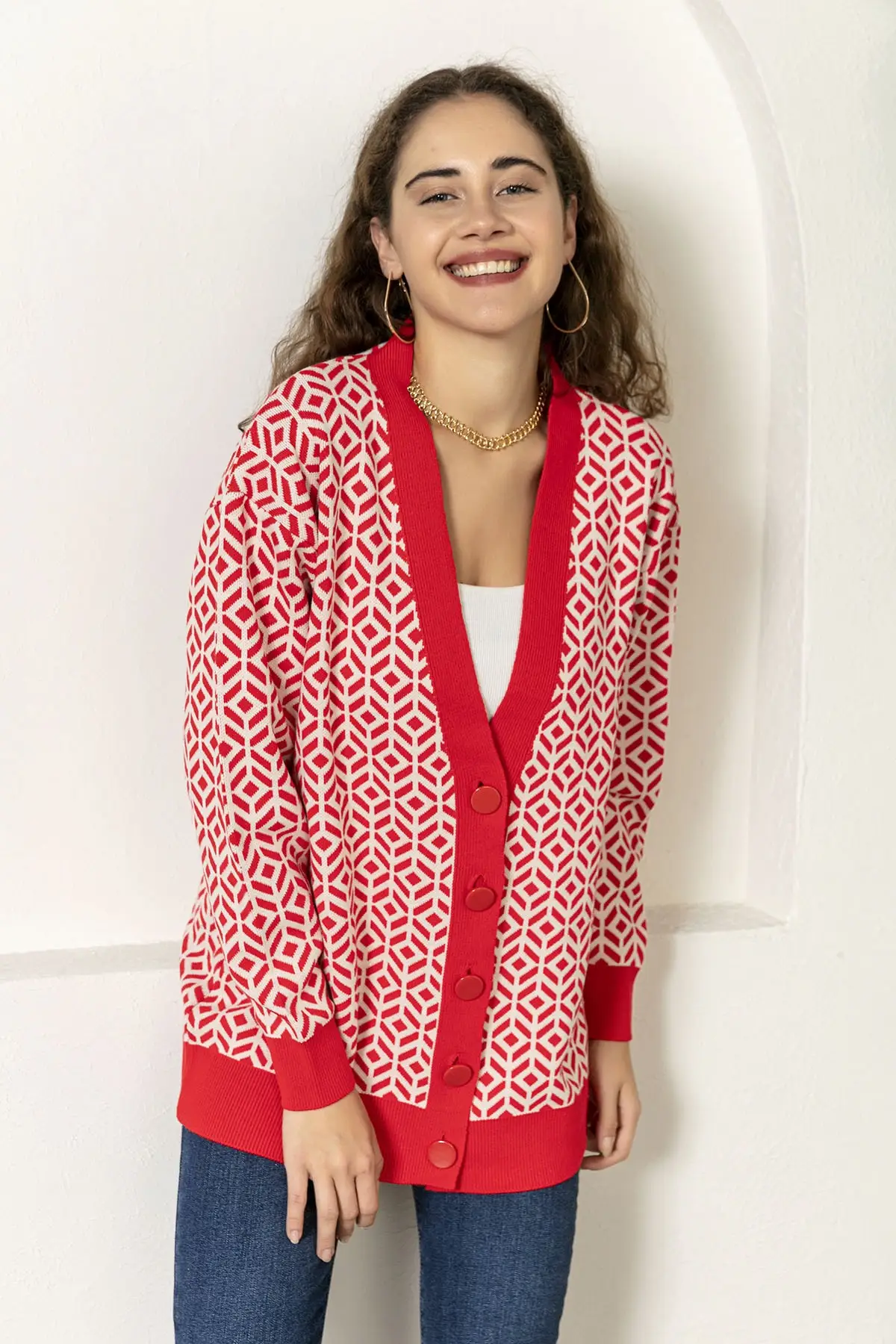 

Women's Cardigan Red V-Neck Button Front Zigzag Pattern Casual Knitted Quality Fashion Sweaters Loose Jumper