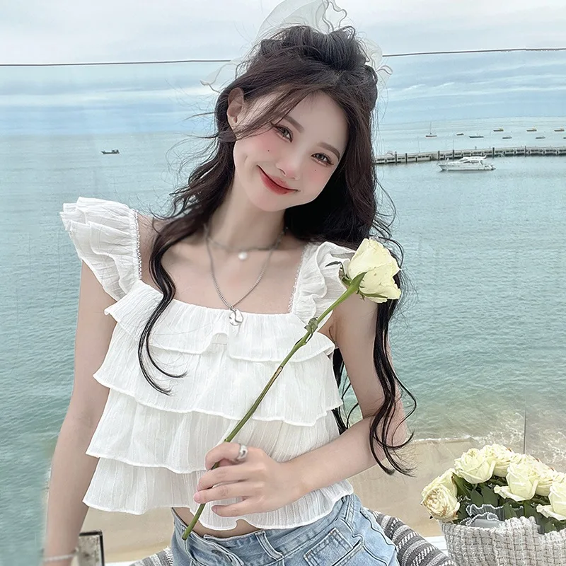 

Ruffle Camisole For Women Summer Top Sweet Suspenders Vest Versatile White Tank Tops