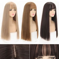 cosplay wig with bangs synthetic straight hair 24 inch long heat resistant black brown wig for women
