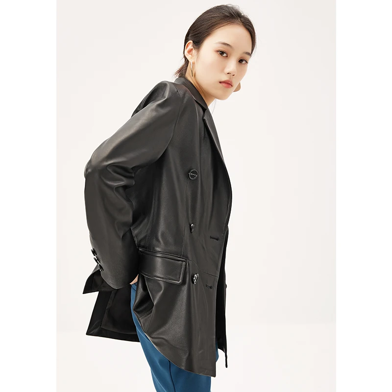 New 2022 Sheepskin Leather Jacket Women  Double Breasted  Streetwear  Pockets  Autumn/Winter  Genuine Leather Jacket