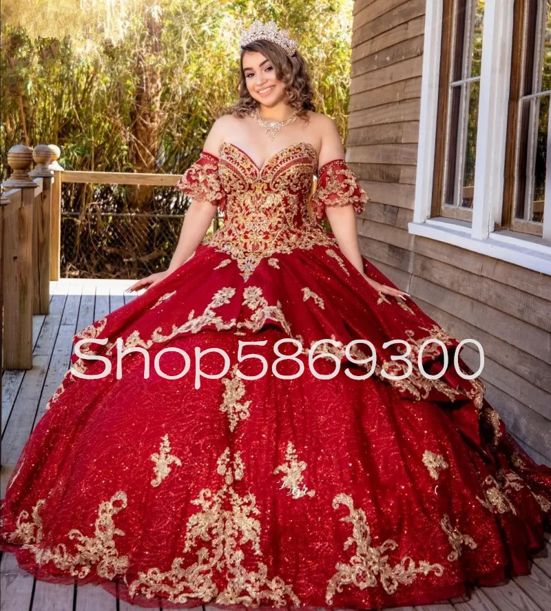 

Sparkly Princess Ball Gown Quinceanera Dresses Gillter Sequins Applique Lace-up Corset Mexican Girls robe de mariee rouge