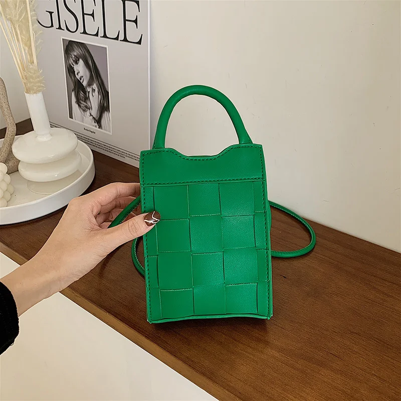 

Women Messenger Phone Bag High Quality PU Leather Handbag with Short Handle Summer Luxury Designer Trend Shoulder Bag Mini Weave