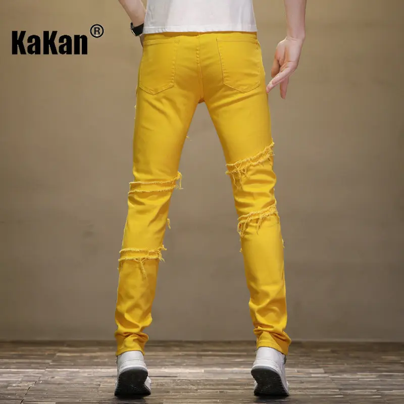 Kakan - New Patchwork Distressed Fluorescent Yellow Jeans for Men, Casual Slim Fitting Trend Small Leg Long Jeans K19-9330