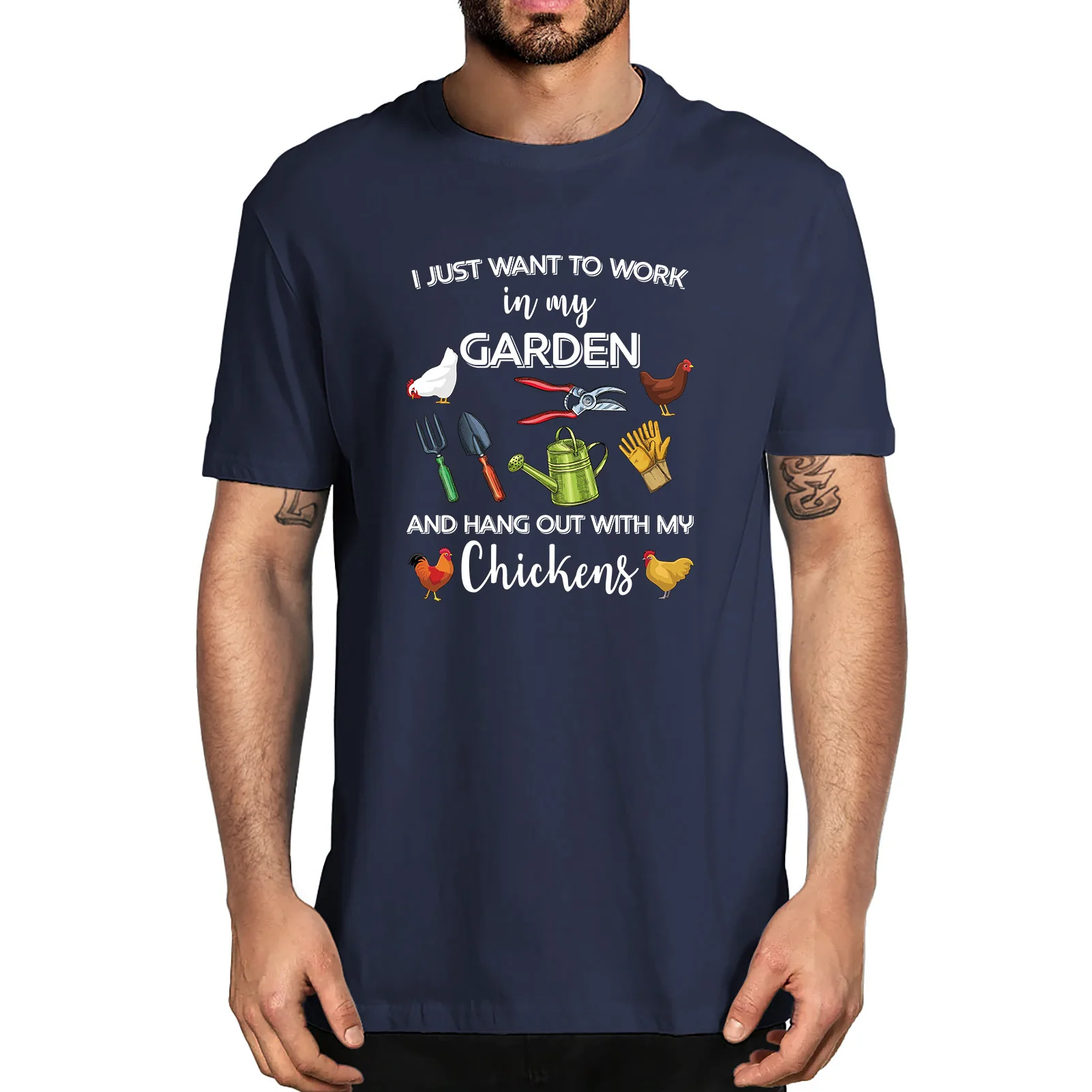 

Unisex I Just Want To Work In My Garden And Hang Out With Chickens Funny Farmer Men's 100% Cotton T-Shirt Women Soft Tee