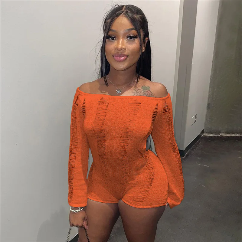 

Knitted Hollow Out Backless Playsuit Solid Backless Women Sexy Slash Neck Off Shoulder Long Sleeve Shorts Jumpsuits Overalls