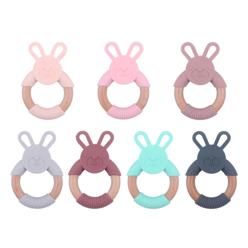 

Q9QB Baby Wooden Silicone Teether Toy Hand Grab Ring w/ Bunny Ears Crib Rattle Teething Toy Early Learning Toy for Infant 2M+