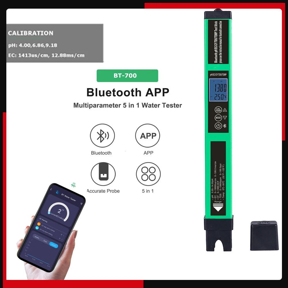 5 в 1 цифровой измеритель качества воды тестер Smart BT pH/EC/TDS/CF/Temp