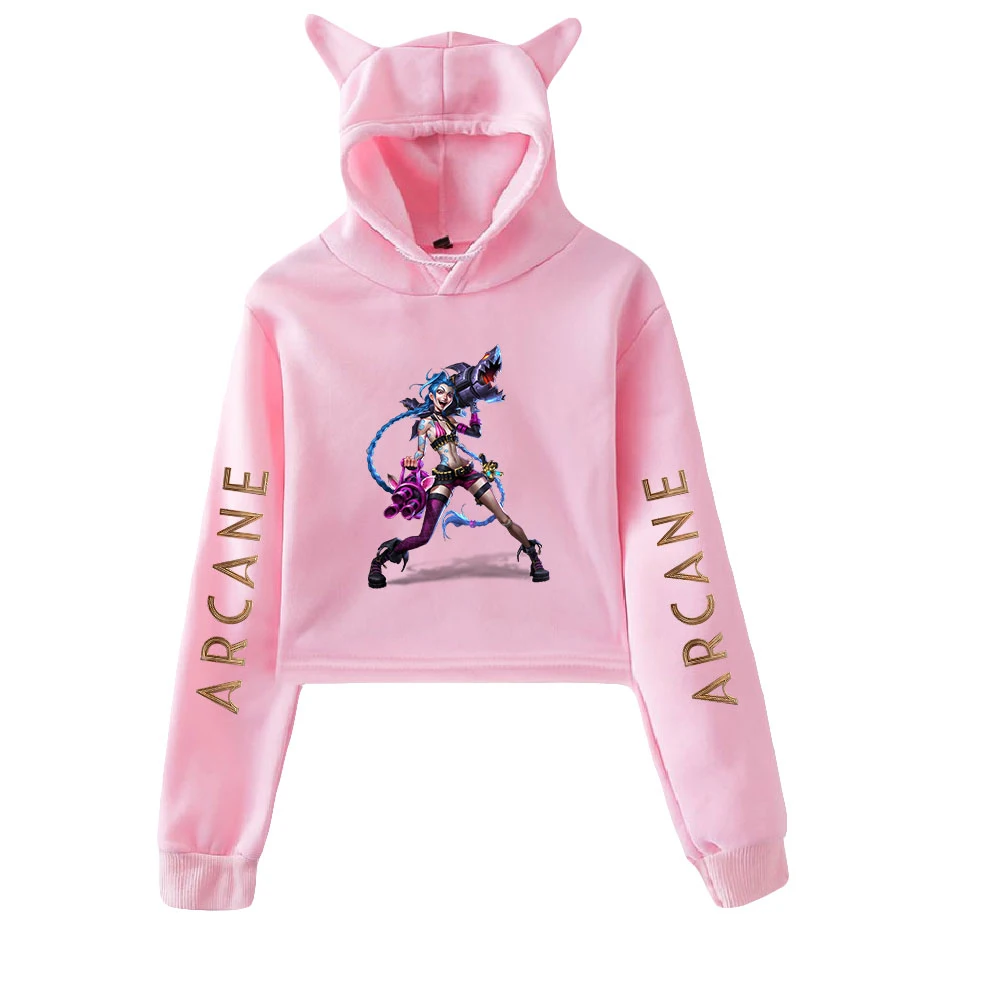 

Новинка 2021 г., хлопковая Женская толстовка Arcane Jinx с милыми кошачьими ушками, свободная толстовка, короткая Сексуальная толстовка, топы, пуло...