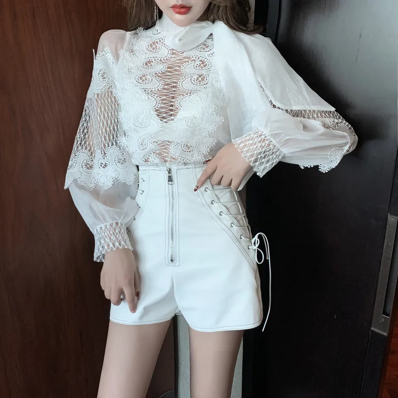 

design lace up lantern sleeve lace shirt+pu strap zipper wide leg pants for tops women 2022 shirts feminino Chiffon