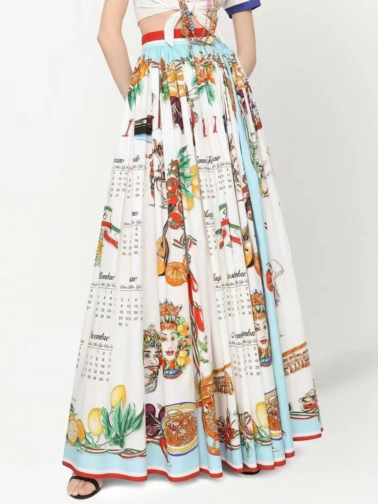 

Designer Retro Vegetables Fruits Characters Calendar Prints High Waist Skirt Ladies Summer New Fashion Loose Swing Tutu Skirt