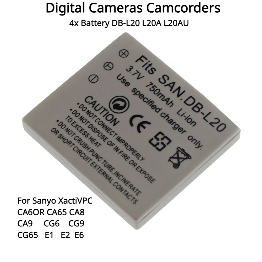Аккумулятор 4x стандарта L20A L20AU для Sanyo XactiVPC CA6OR CA65 CA8 CA9 CG6 CG9 CG65 E1 E2 E6