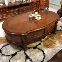 European style solid wood coffee table living room floor cabinet carved dark oval tea table