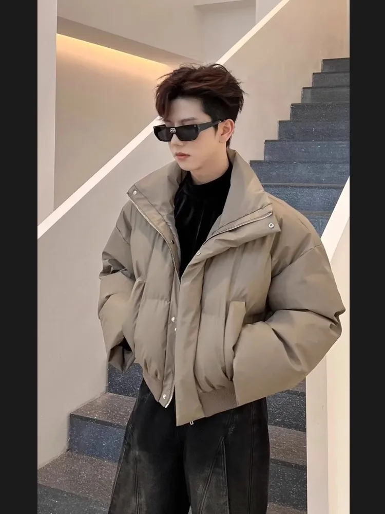 American High Street Cleanfit Black Stand Collar down Coat Men's Autumn and Winter PU Leather Short Cotton-Padded Thicke...