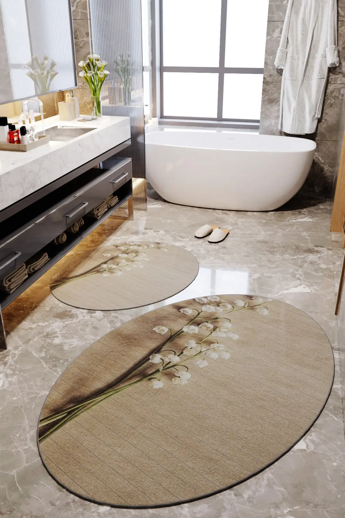 

Washable 2'li Bath Mat Machine Mat Kaydırmaz Base Mat Digital Print Cotton Figured Slip-Resistant Outsole Beige