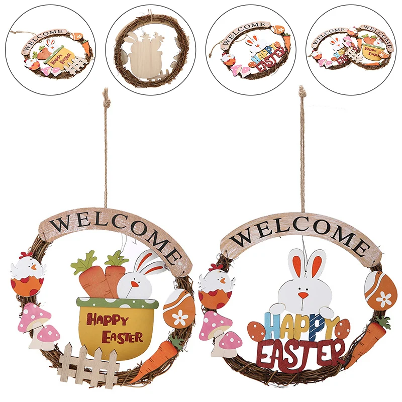 

1 Pc High Quality Happy Easter Hangings Door Pendant Sign Bunny Wreath Wooden Garland Decor Ornament Crafts for Home 28x28cm