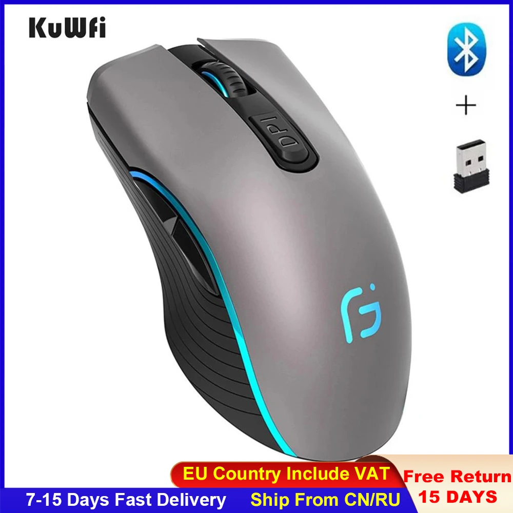 

KuWFi Computer Mouse Bluetooth 4.0+2.4Ghz Mouse Wireless Dual Mode 2 In 1 2400DPI Ergonomic Portable Optical Mice for PC/Laptop